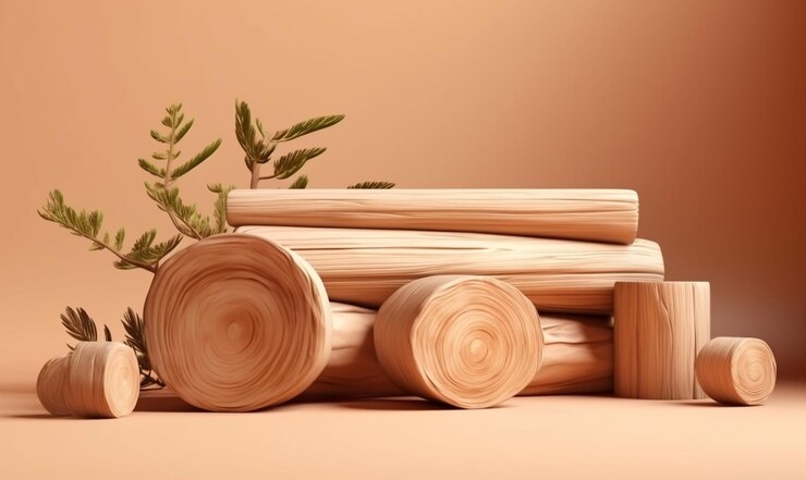 A stack of wood logs with a plant