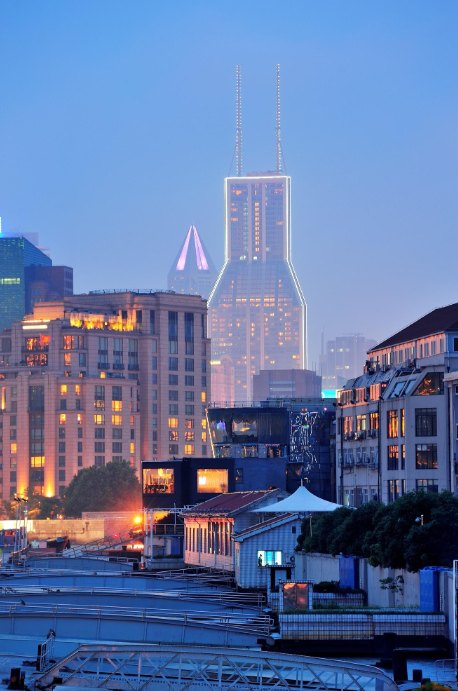 urban architecture over river at dusk